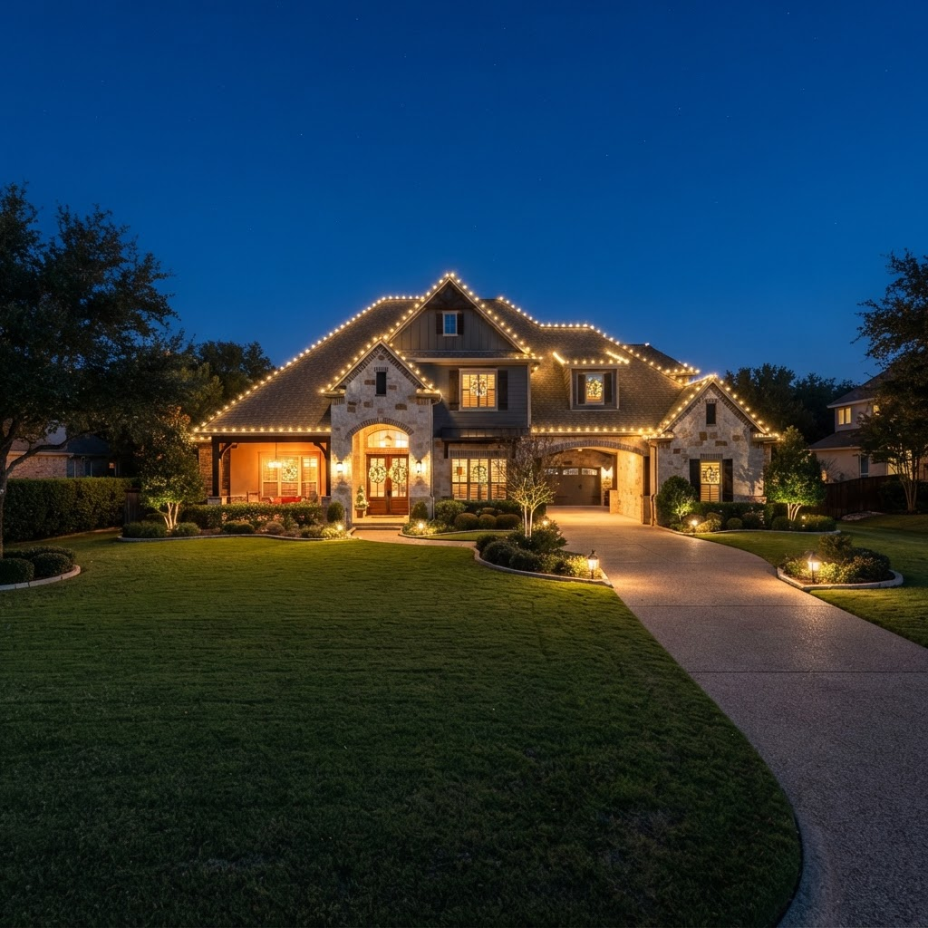 Warm white roofline lighting on an upscale Texas home