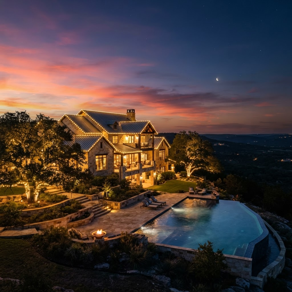 Professionally lit upscale Texas home at dusk